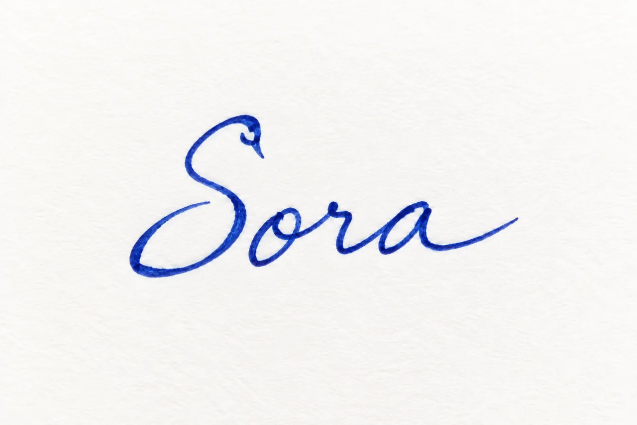 Sora with a swan shaped S, preserving the slant and blue ink of the reference